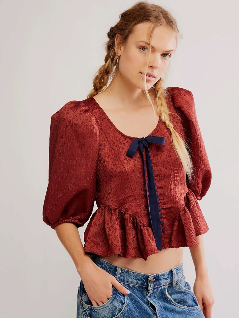 Free People Vintage Inspired Dainty Satin Jacquard Pamela Bow Top Spiced Rum XL